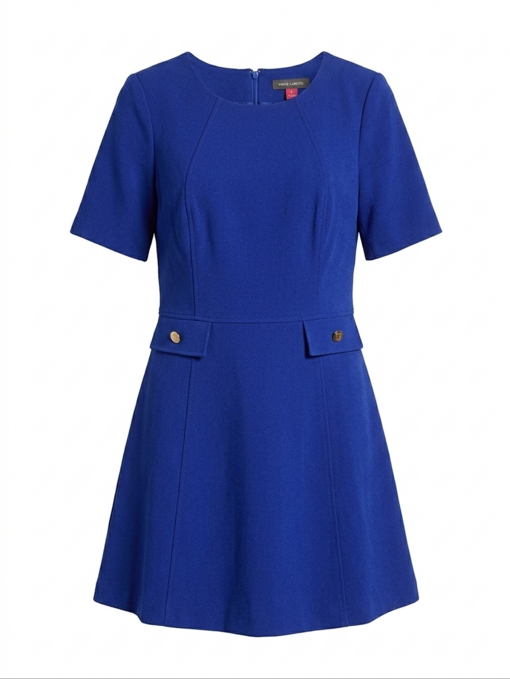 Vince Camuto Royal Blue Ponte Fit & Flare Dress Gold Button Detail